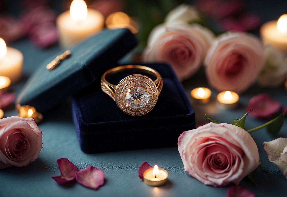 A beautiful engraved necklace and ring displayed on a velvet jewelry box, surrounded by rose petals and candles