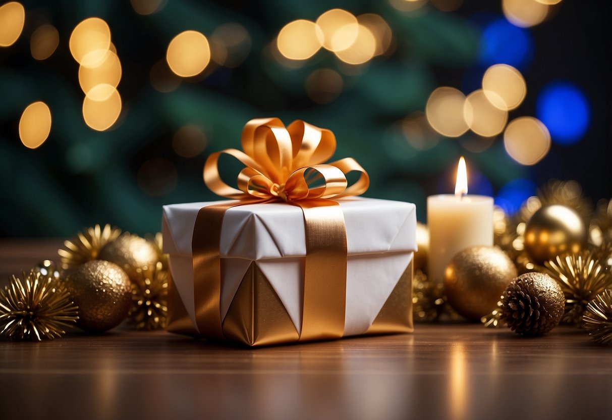 A wrapped gift sits on a decorative table, surrounded by festive decorations and a sense of anticipation