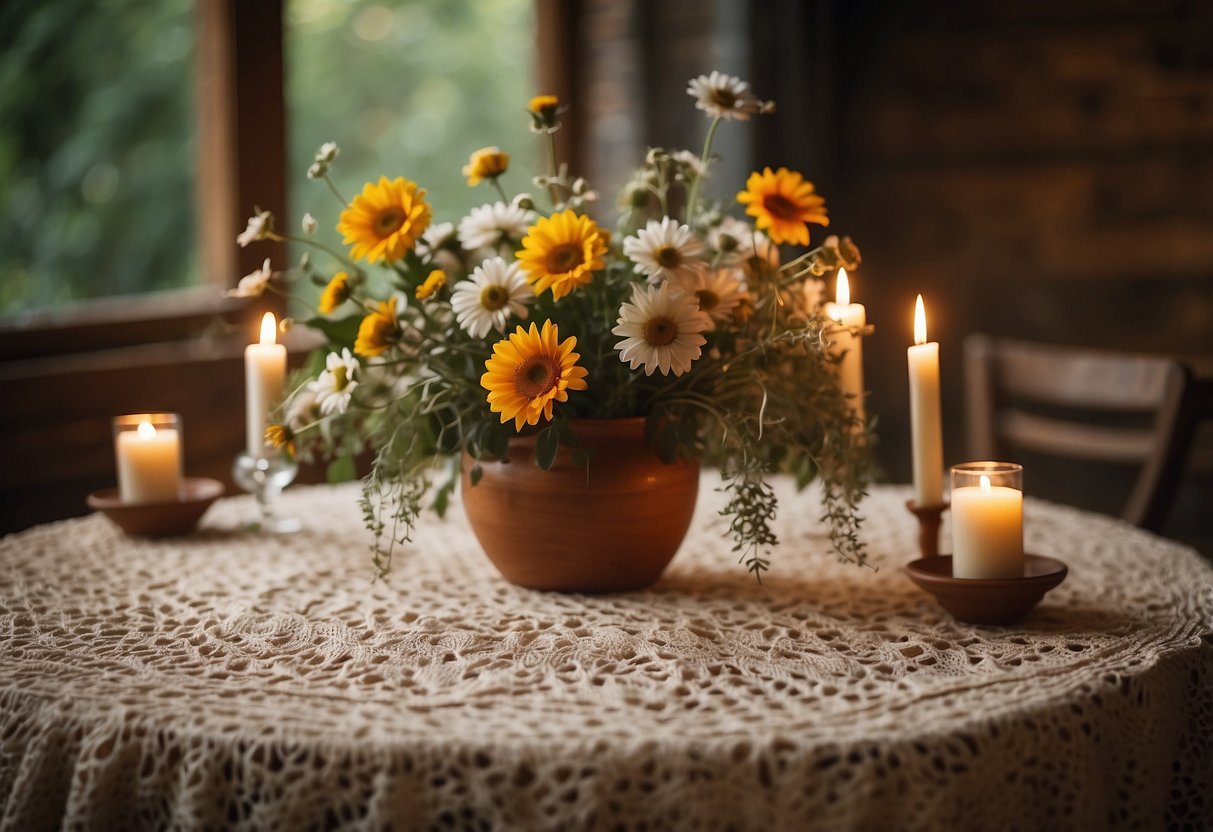 A boho crochet tablecloth drapes over a wooden wedding table, adorned with wildflowers and candles, creating a romantic and rustic atmosphere