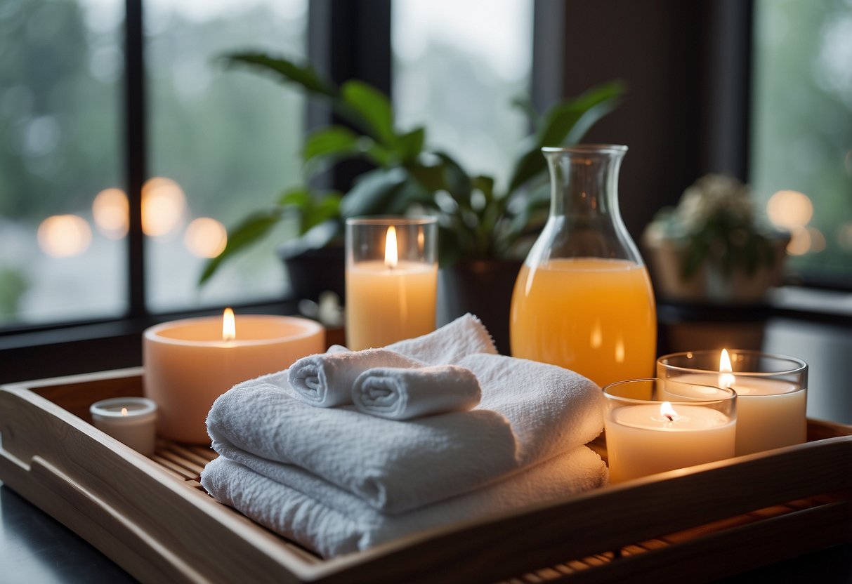 A serene spa room with candles, soft music, and a bubbling jacuzzi. Plush robes and towels are neatly folded, and a tray of refreshing beverages awaits