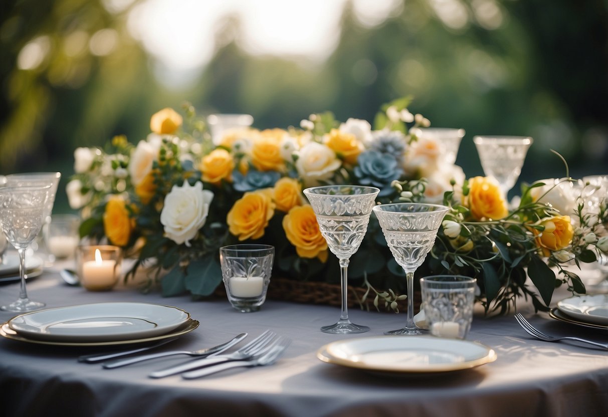 A wedding table with a custom photo tablecloth, surrounded by elegant place settings and floral centerpieces