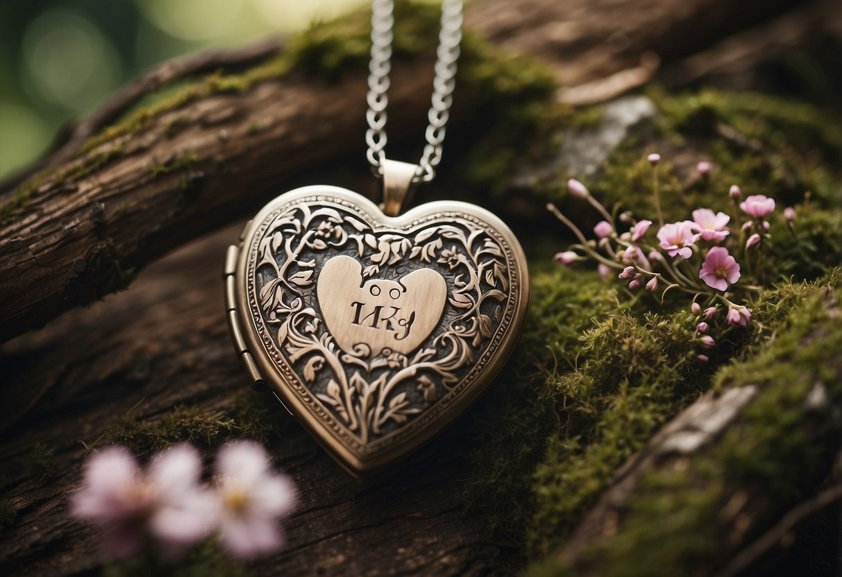 A couple's initials carved into a tree, surrounded by blooming flowers and a heart-shaped locket. A love story book sits open nearby