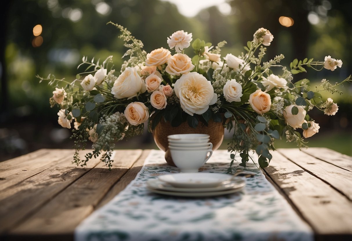 A floral printed table runner lays elegantly across a rustic wooden table, adding a touch of romance to the wedding reception decor