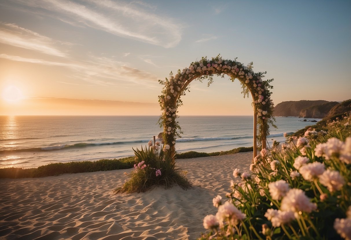 A serene beach setting with an arch adorned with flowers, overlooking the ocean at sunset. A small gathering of family and friends, with soft music playing in the background