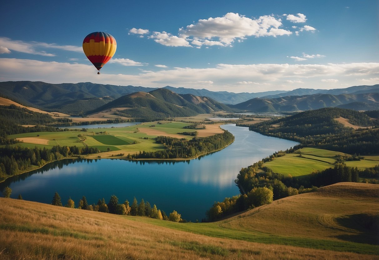 A colorful hot air balloon floats above a picturesque landscape, with rolling hills and a serene lake below. The sky is a vibrant blue, dotted with fluffy white clouds, creating a sense of freedom and adventure