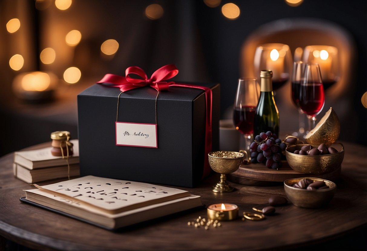 A subscription box with romantic items like chocolates, wine, and love notes. A calendar with the date "14th anniversary" highlighted