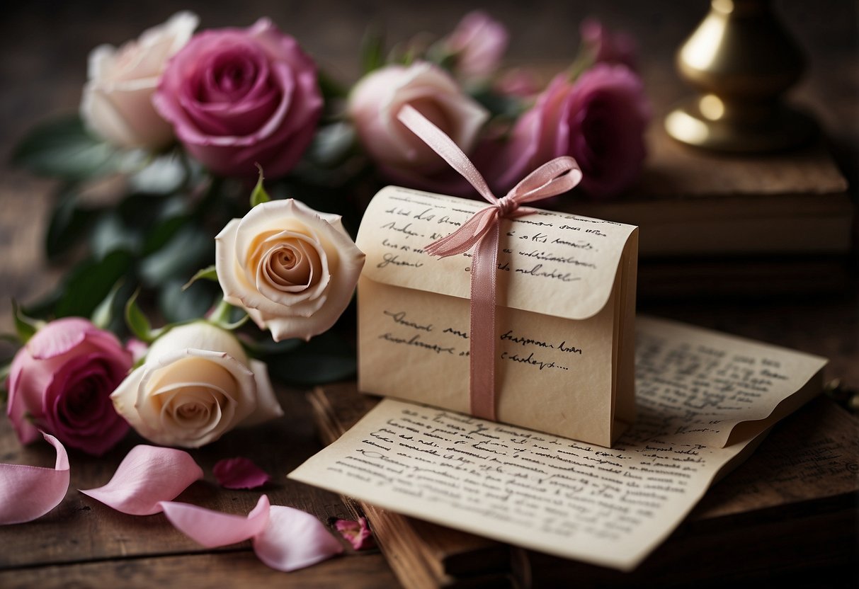 A stack of handwritten love letters tied with a ribbon, surrounded by rose petals and a vintage ink pen