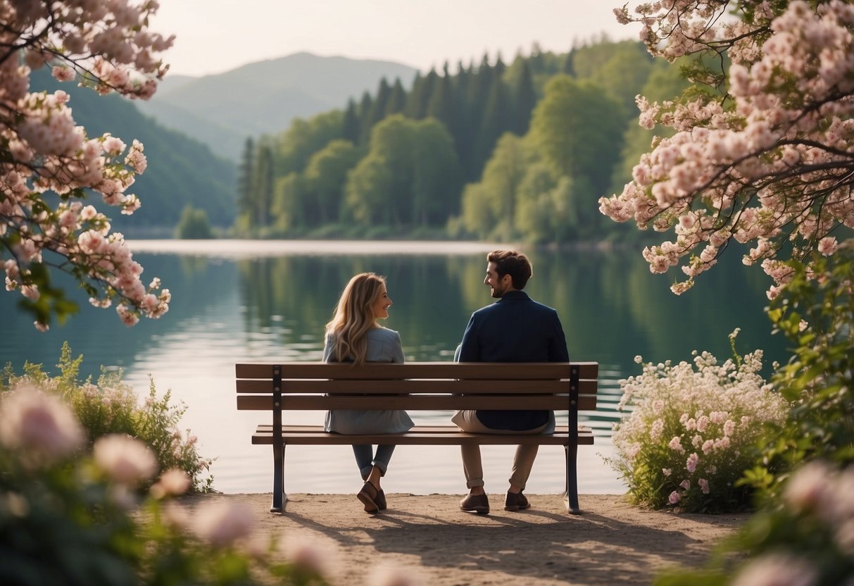 A couple sitting on a park bench, surrounded by blooming flowers and a serene lake in the background, smiling and holding hands