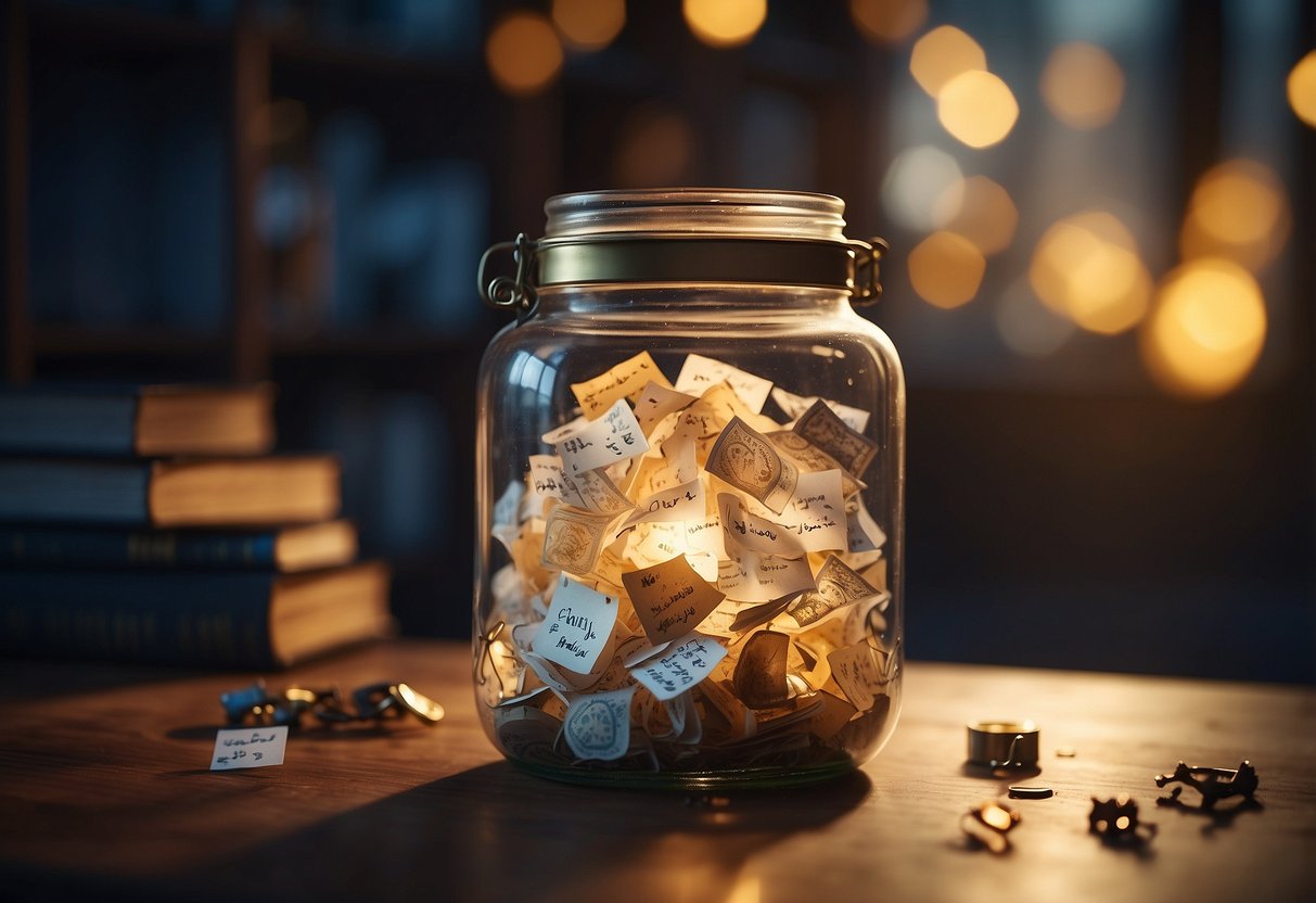 A glass jar filled with small notes and trinkets. Soft light illuminates the jar, casting a warm glow. Surrounding the jar are scattered photos and mementos from the past 14 years