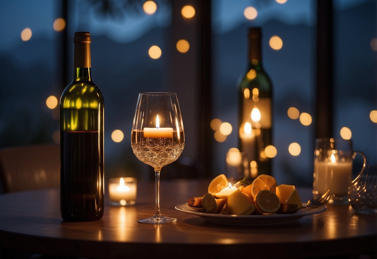 A cozy dining table with a flickering candle, elegant table setting, and a bottle of wine. Subtle lighting and romantic ambiance