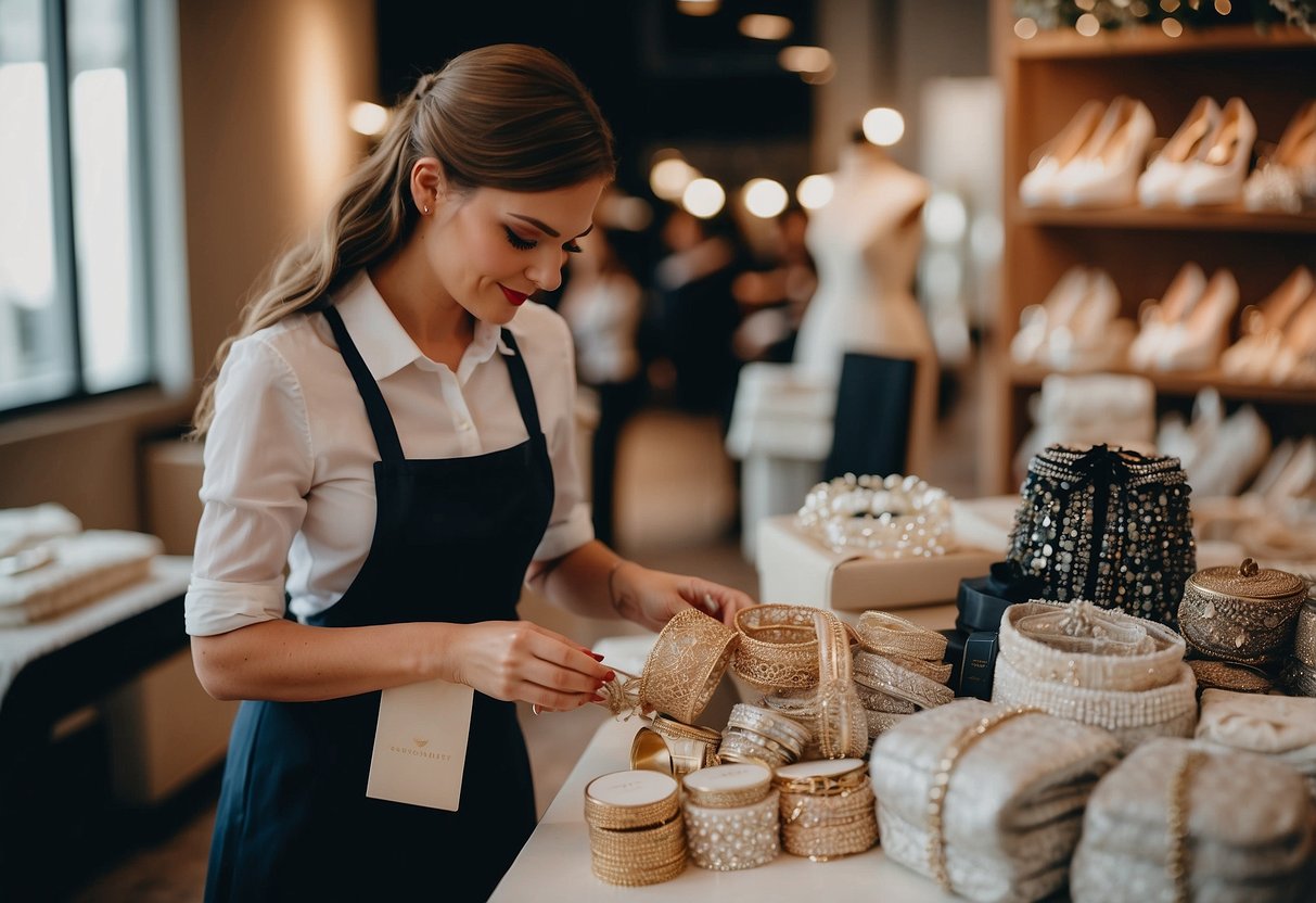 A maid of honor purchasing bridal accessories at a boutique