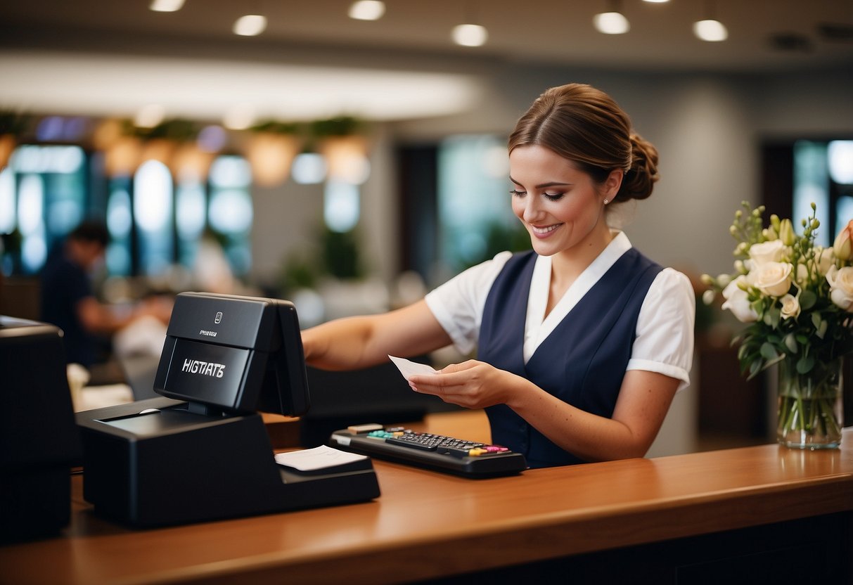 A maid of honor paying for wedding expenses at a reception desk