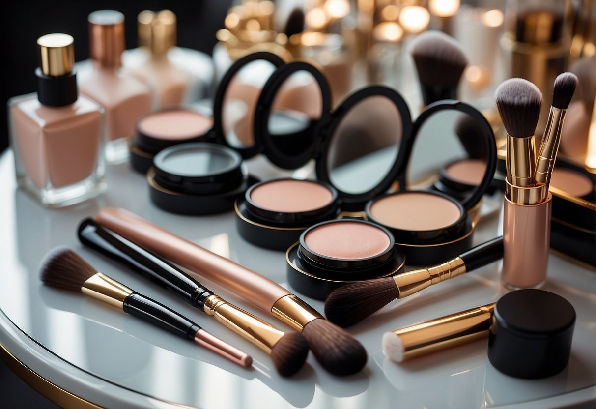 A table with various makeup products and brushes arranged neatly, with a mirror in the background reflecting a soft, romantic setting