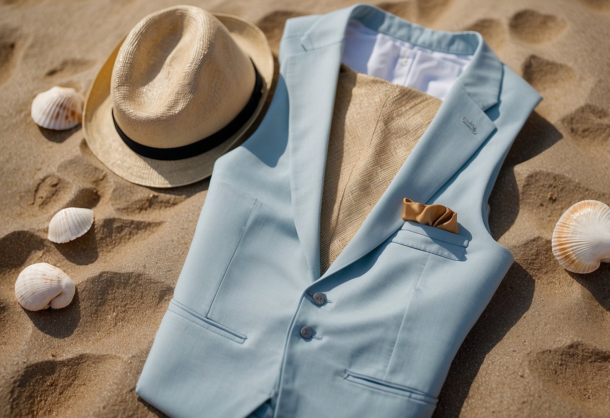 A groom's suit laid out on a sandy beach, with a light blue shirt, tan vest, and khaki pants, accessorized with a seashell boutonniere and a straw fedora