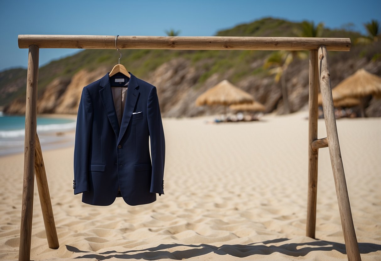 A groom's navy blue slim fit suit hangs on a wooden hanger against a backdrop of a sandy beach and ocean waves