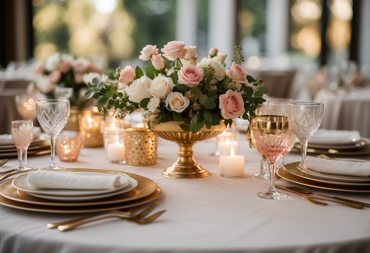 A table set with a white tablecloth adorned with elegant gold and blush pink accents, complemented by matching floral centerpieces