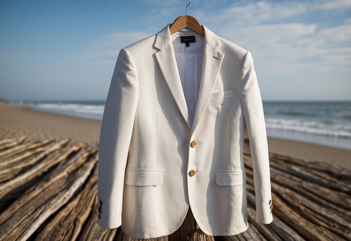 A white seersucker suit hangs on a driftwood hanger, with a sandy beach and ocean waves in the background