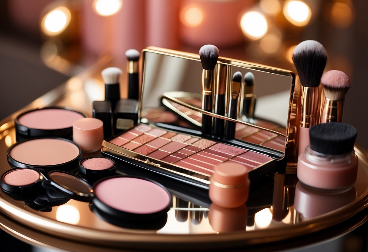 Soft peach and pink hues on a makeup table with brushes and palettes, a mirror reflecting the glowing bridal look