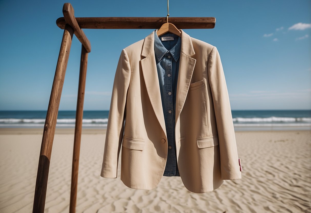 A beige cotton blazer hangs on a wooden hanger against a backdrop of a sandy beach with gentle waves and a clear blue sky