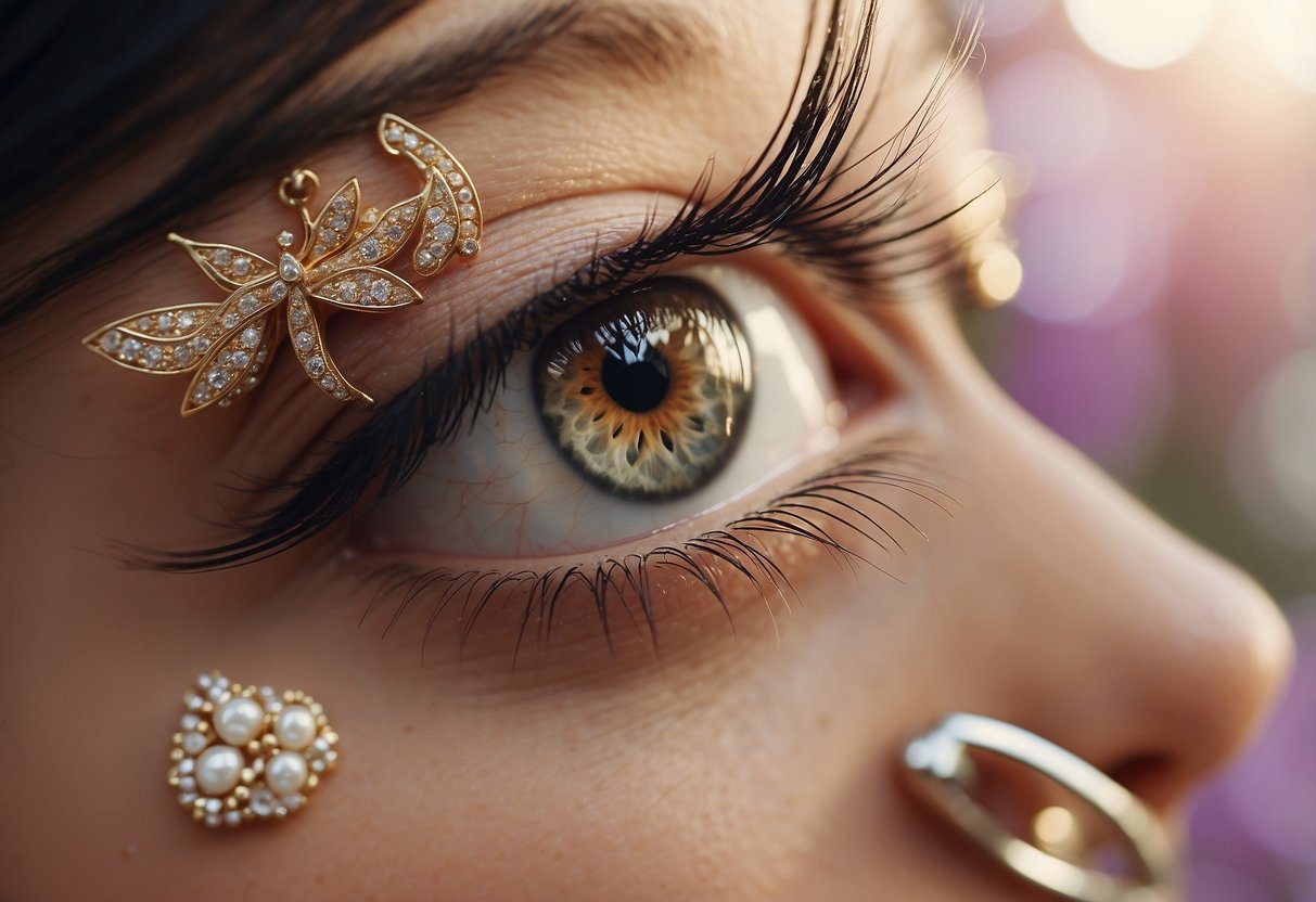 A close-up of bold winged eyeliner with intricate details, set against a soft, romantic wedding backdrop