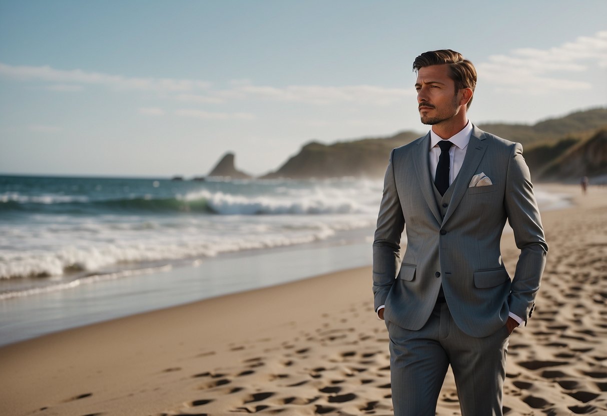 A groom stands on a sandy beach in a sleek grey pinstripe suit, with the ocean waves crashing in the background