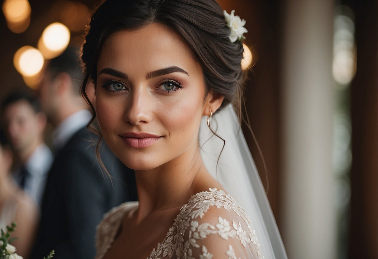 A bride's face with minimal makeup, soft blush, and natural-looking skin for a wedding