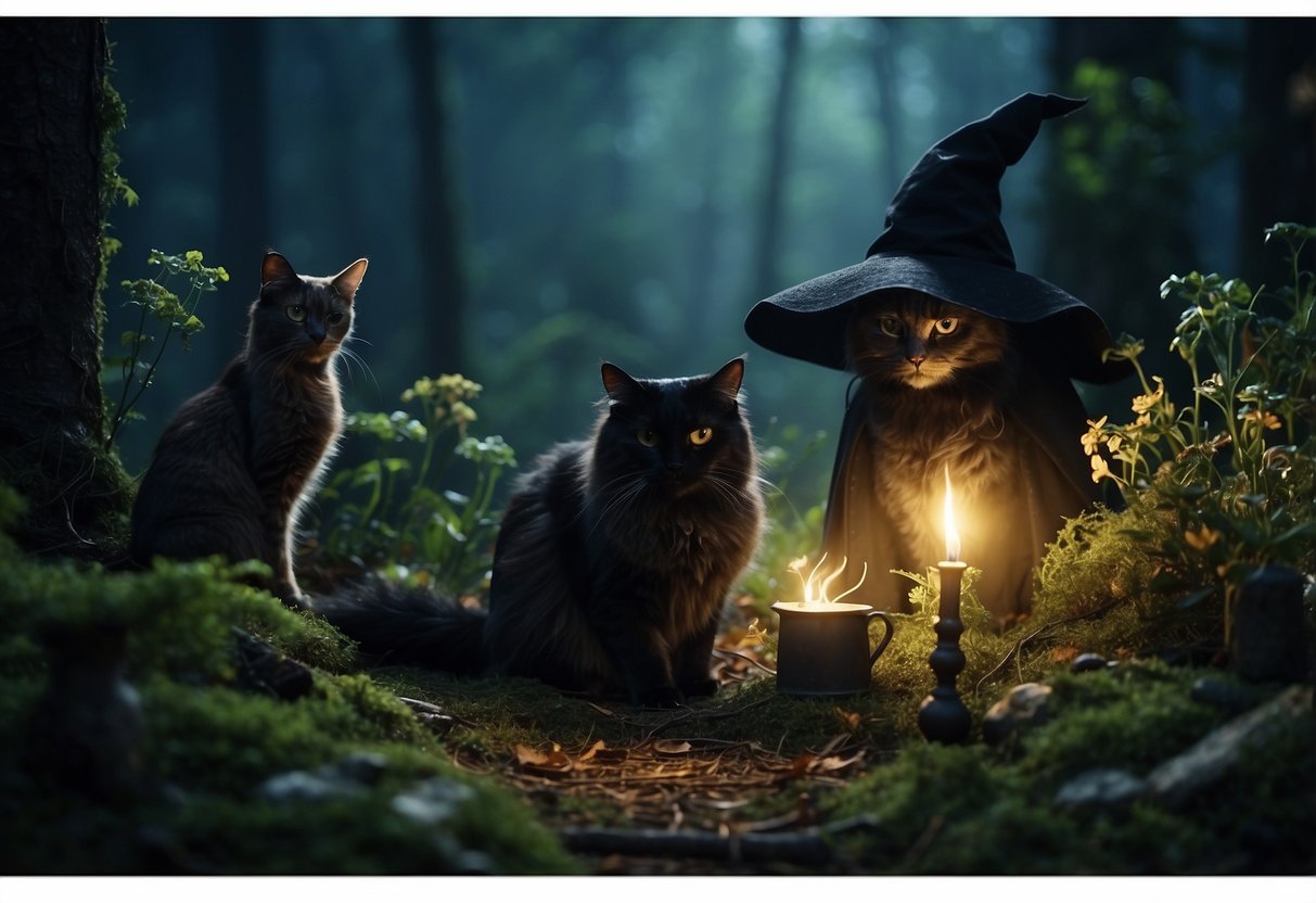 A moonlit forest clearing with a cauldron, spell books, and enchanted flora. A black cat and owl observe as the witch couple exchanges vows