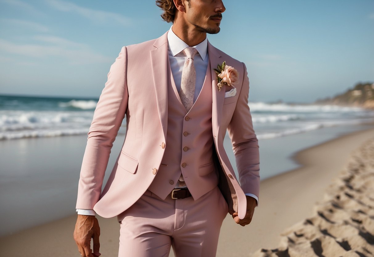 A beach wedding suit in pastel pink, including a jacket, pants, and vest, set against a backdrop of sandy shores and crashing waves