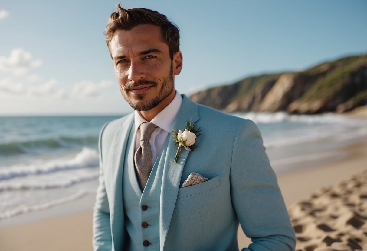 A groom stands on a sandy beach in a light blue linen suit, the ocean waves crashing in the background