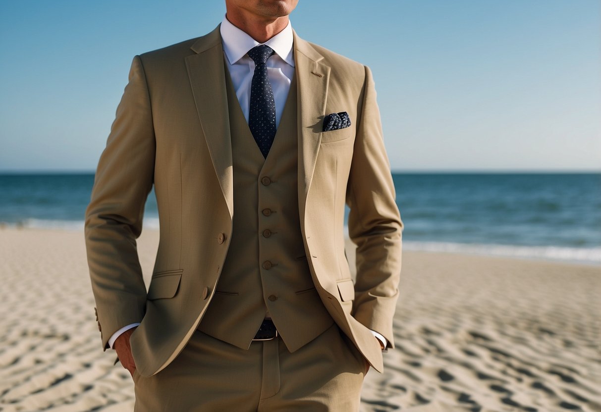 A khaki suit with a matching vest stands out against the sandy backdrop of a beach wedding. The gentle ocean waves and a clear blue sky complete the serene scene