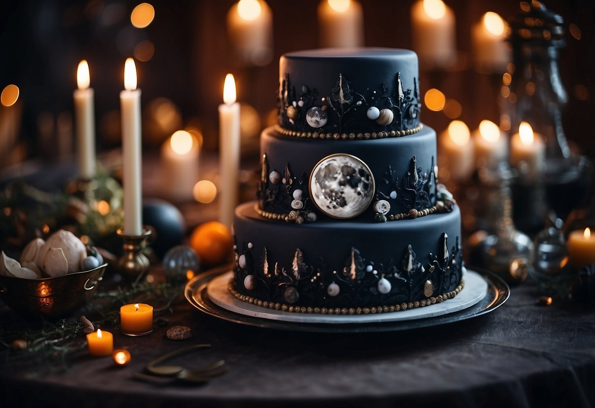 A witch-themed wedding cake with moon phase decorations and magical elements