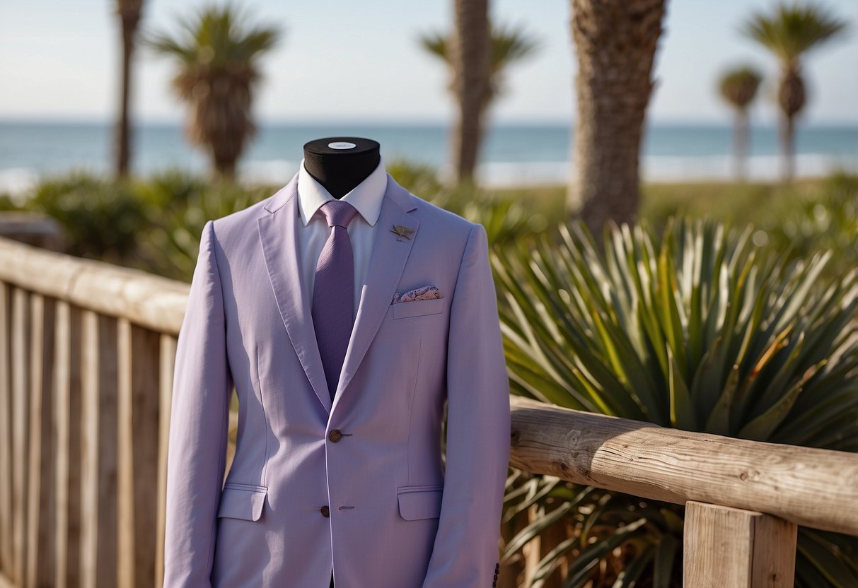 A soft lavender suit hangs on a beachside wooden fence, with the ocean and palm trees in the background