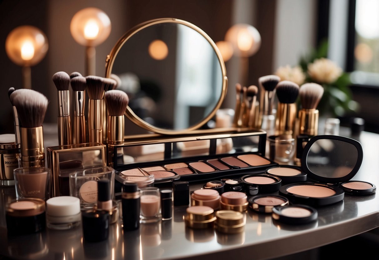 A table set with various makeup products, brushes, and a mirror. Soft lighting illuminates the scene, creating a warm and inviting atmosphere for applying foundational makeup for a wedding