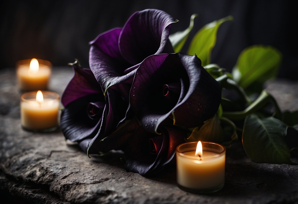 A dark, ornate bouquet of black roses, deep purple calla lilies, and thorny vines, set against a backdrop of aged, weathered stone and flickering candlelight