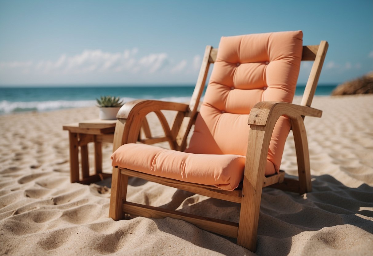 A sandy beach with gentle waves, a clear blue sky, and a coral-colored double-breasted wedding suit draped over a wooden chair