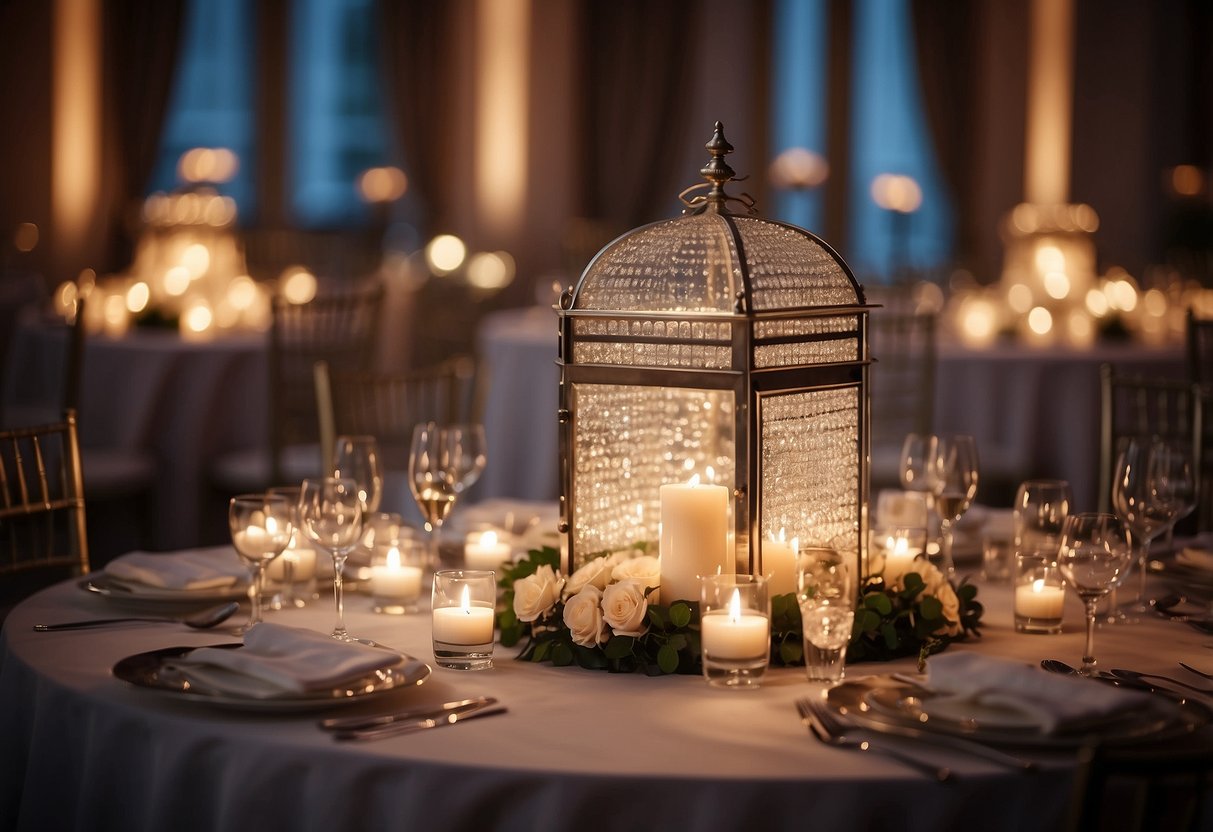 A grand ballroom with elegant crystal centerpieces adorning each table, reflecting the soft glow of candlelight, creating a romantic ambiance for a wedding celebration