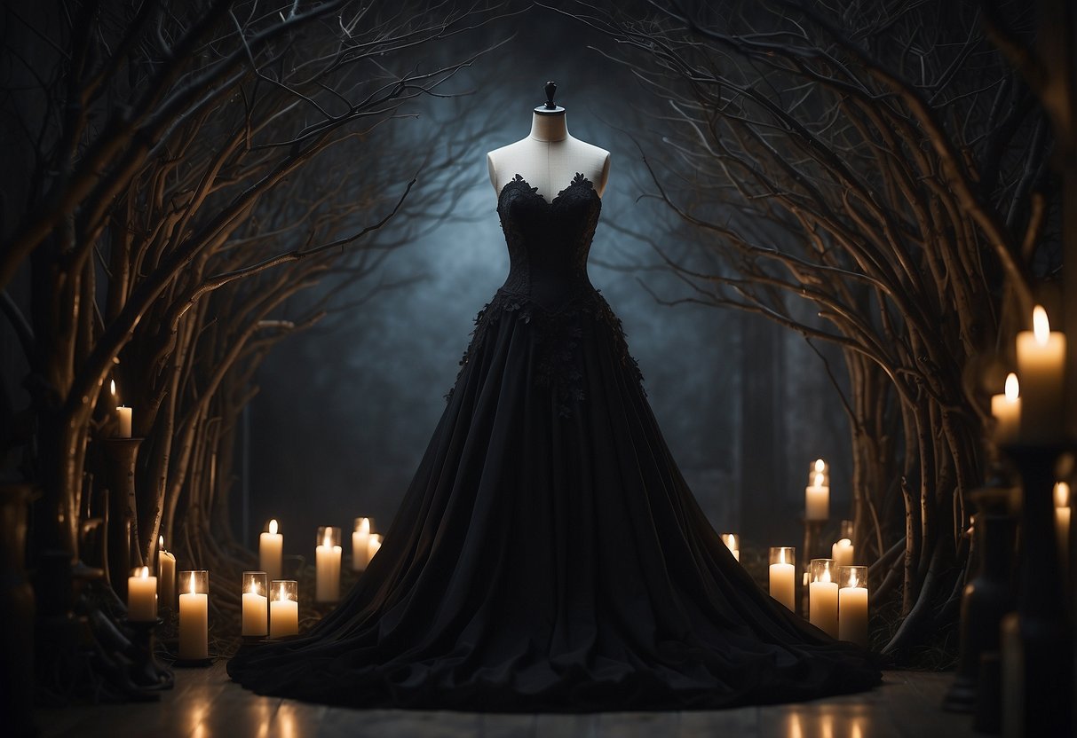 A black wedding dress hangs on a gothic-style mannequin, surrounded by dark, twisted branches and eerie candlelight