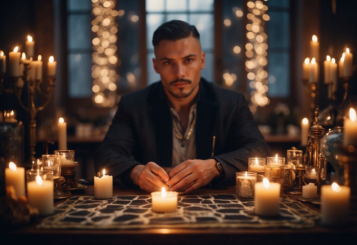 A mystical tarot card reader surrounded by candles and crystals, with a wedding altar in the background