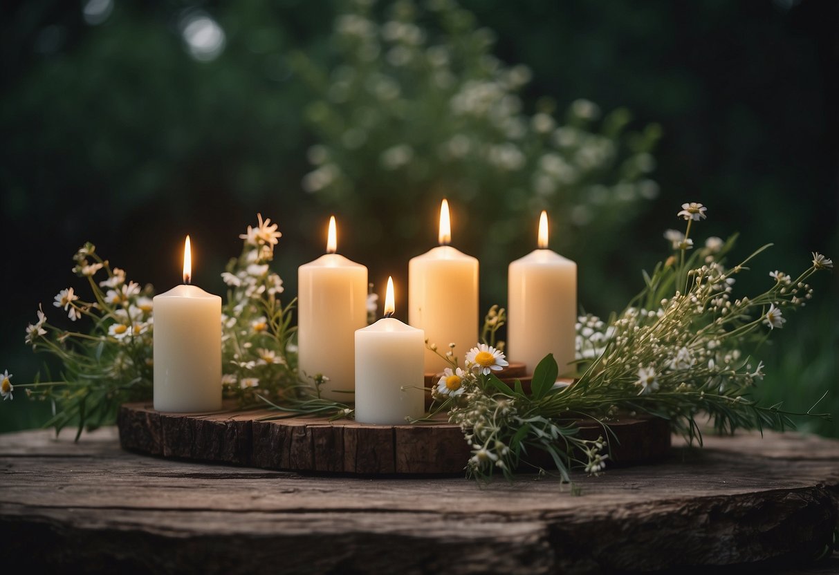 Candles with herbal scents illuminate a rustic wedding altar, surrounded by greenery and wildflowers