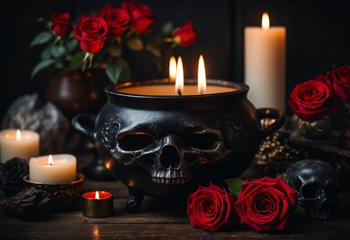 A black cauldron sits on a dark wooden table, filled with red roses and black feathers. Skulls and candles adorn the table, casting an eerie glow