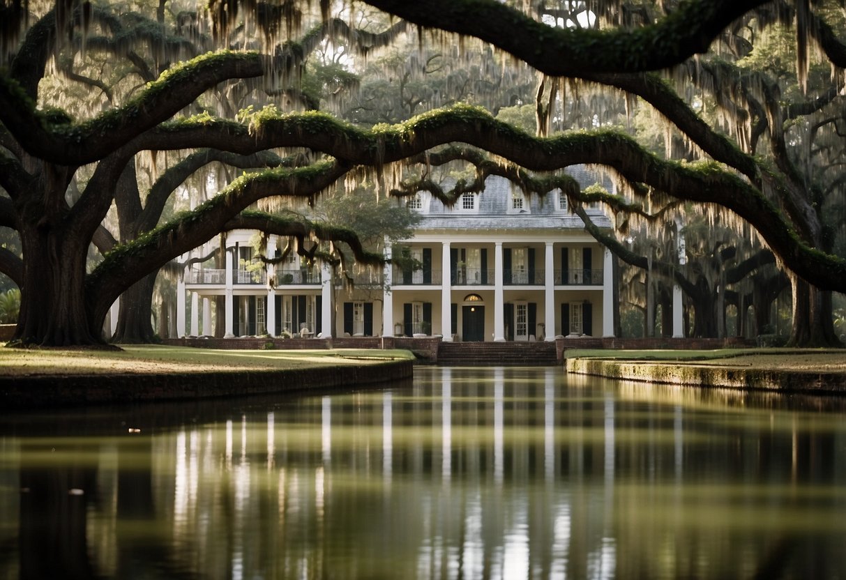 A grand plantation with moss-draped oaks, a charming French Quarter courtyard, and a romantic bayou backdrop