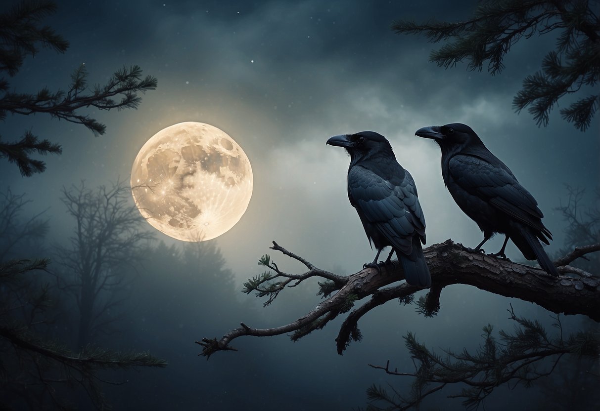 Two birds, a raven and a crow, perched on a twisted tree branch, surrounded by swirling mist and moonlight