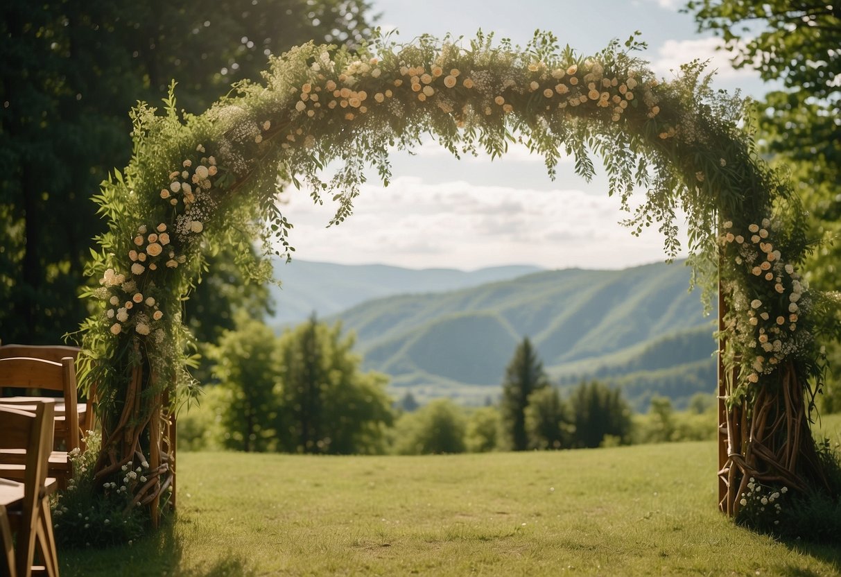 A wooden wedding arch adorned with wildflowers and draped with flowing fabric, set against a backdrop of a lush, green countryside