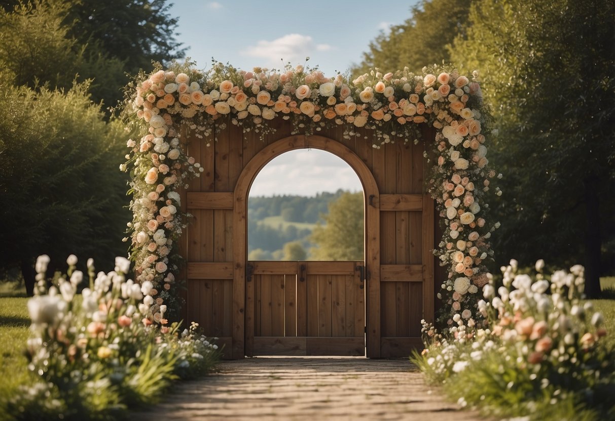 A rustic wooden door frame arch stands adorned with flowers, creating a charming wedding ceremony backdrop