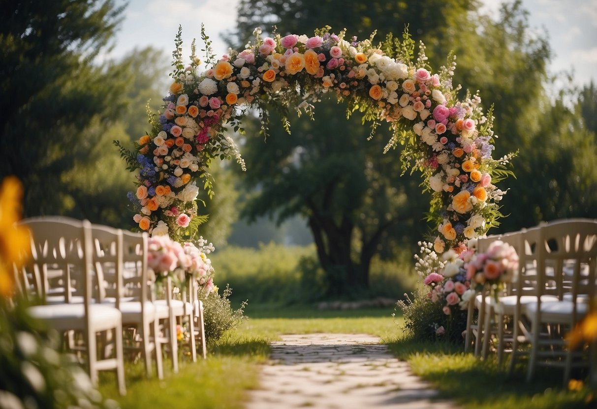 A metal arch covered in vibrant, blooming flowers stands in a rustic outdoor setting, creating a picturesque scene for a wedding