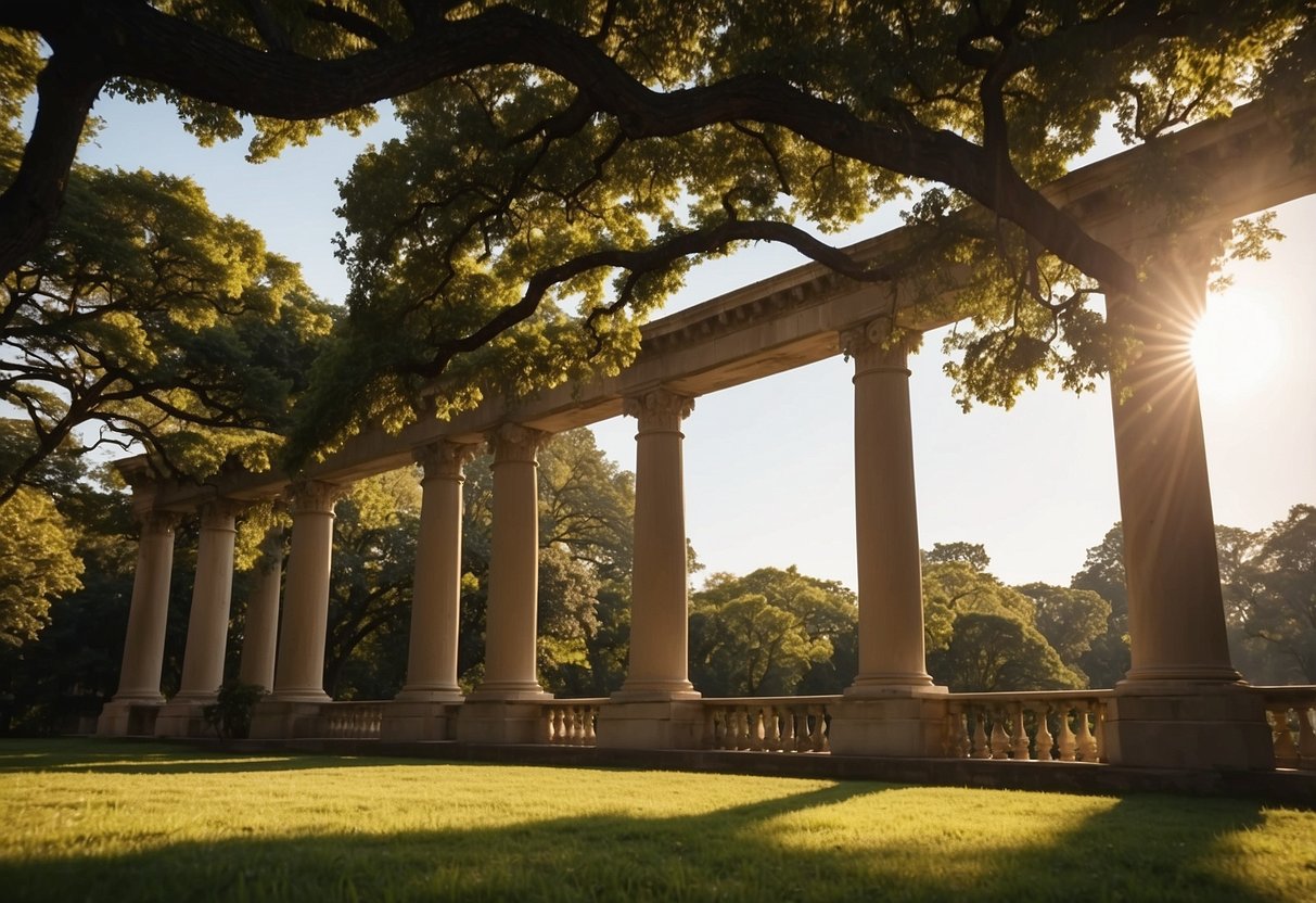 A grand oak tree stands tall in front of the historic Columns building, surrounded by lush greenery and blooming flowers. The sun casts a warm glow on the elegant architecture, creating a picturesque setting for a wedding