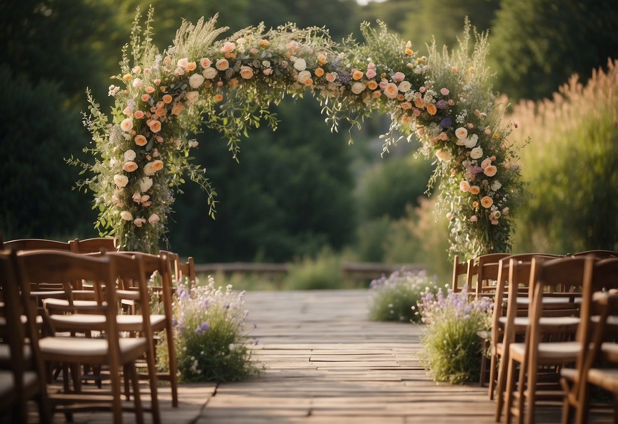 A weathered wooden ladder forms an arch, adorned with wildflowers and draped fabric, creating a charming rustic wedding backdrop