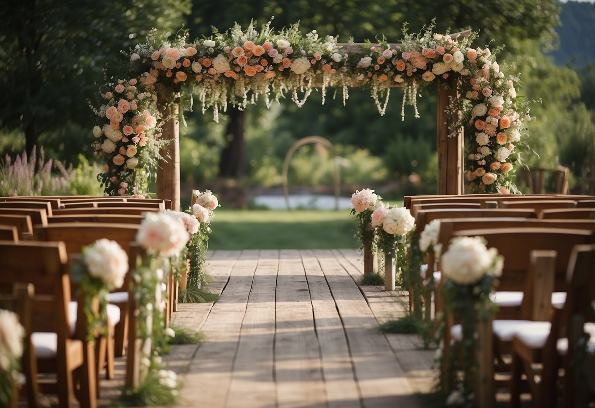 A wooden barrel and plank arch stands adorned with flowers, creating a rustic and charming wedding setting