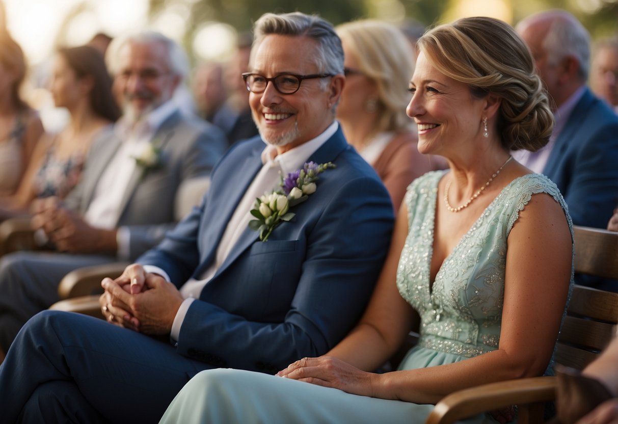 Both sets of parents sit together, smiling and chatting, as they watch the wedding ceremony