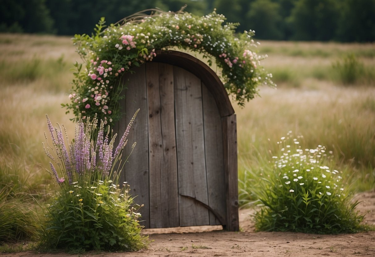 A weathered driftwood arch stands alone, adorned with wildflowers and greenery. Perfect for a rustic wedding setting